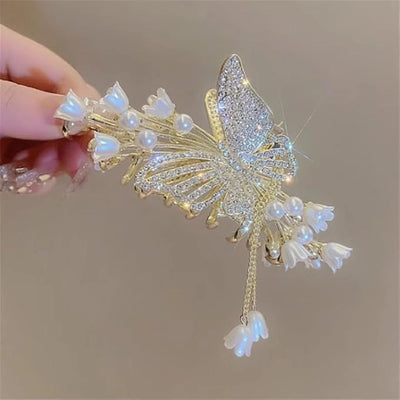 Beauty Korean 1pcs Stone Studded Pearl Butterfly Fancy Hair Claw Clip Clutcher Strong Hold Non-Slip Hair Claw Clip Clutcher Perfect Party Bridal Hair Catcher Golden Stone Studded (Pack of 1)
